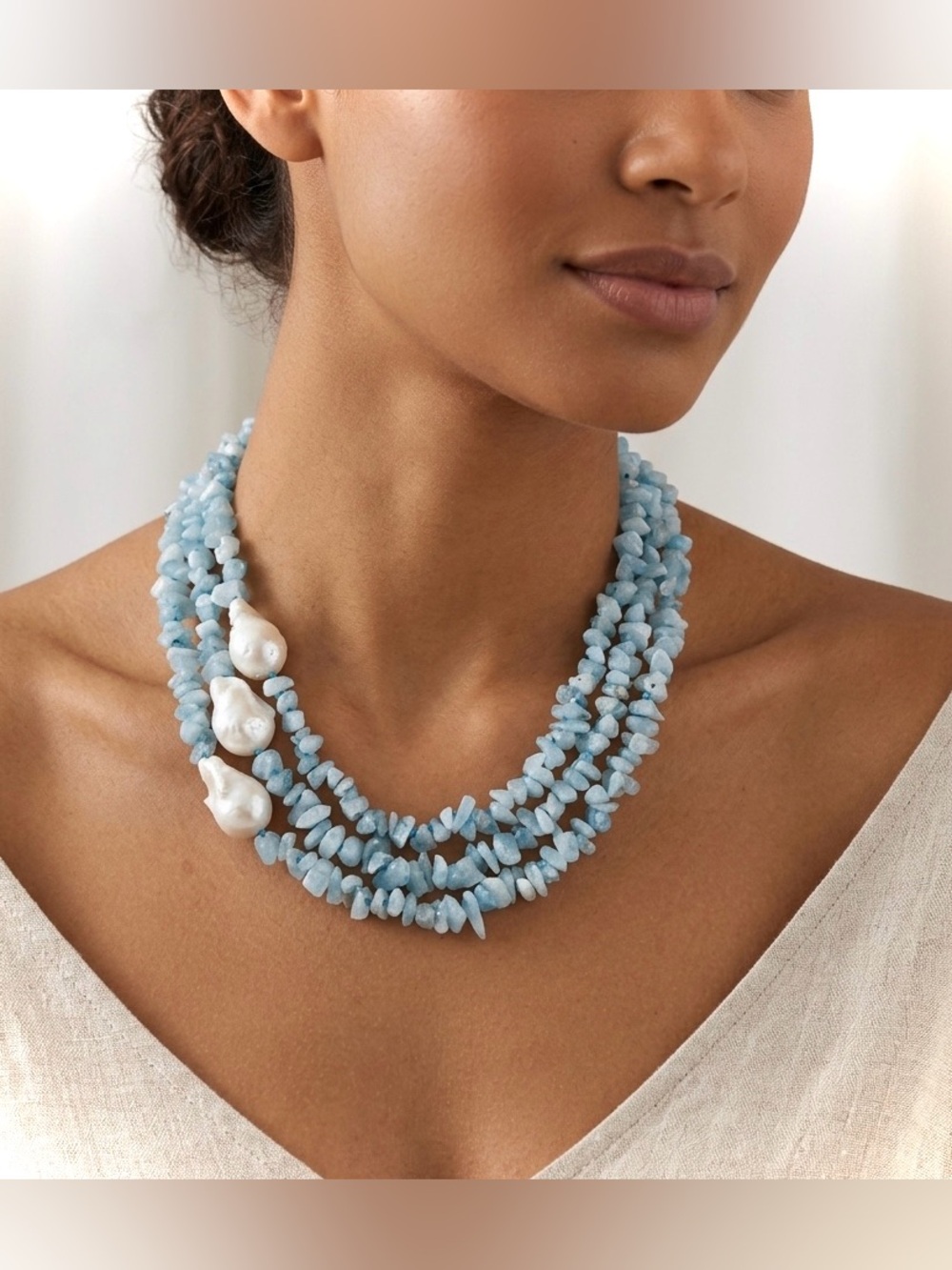 NWT Luxury Aquamarine & Baroque Pearl Necklace